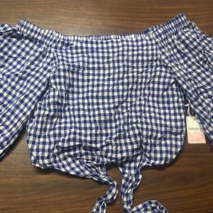 Blue grid design off shoulder top